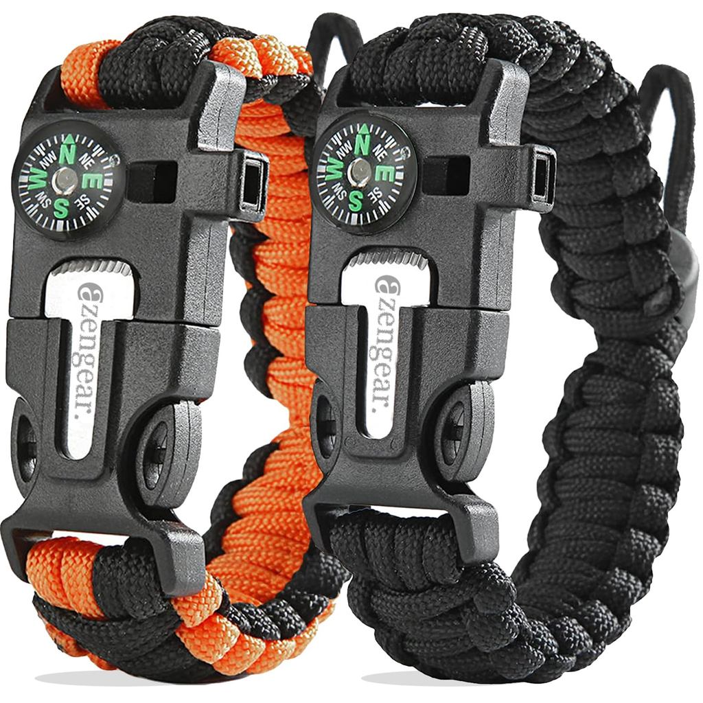 [aZengear] Paracord Survival Bracelet (2-Pack) | Flint Steel Fire Starter, Whistle, Compass, Hiking 