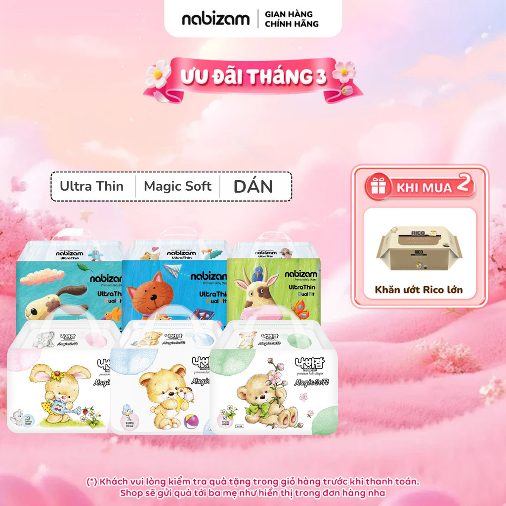 Tã/Bỉm Dán NABIZAM Cao Cấp Mỏng Nhẹ, Khô Thoáng Chống Tràn Phù Hợp Dùng Ban Ngày, Đủ Size Từ 4-15kg, 32-50 Miếng/Bịch