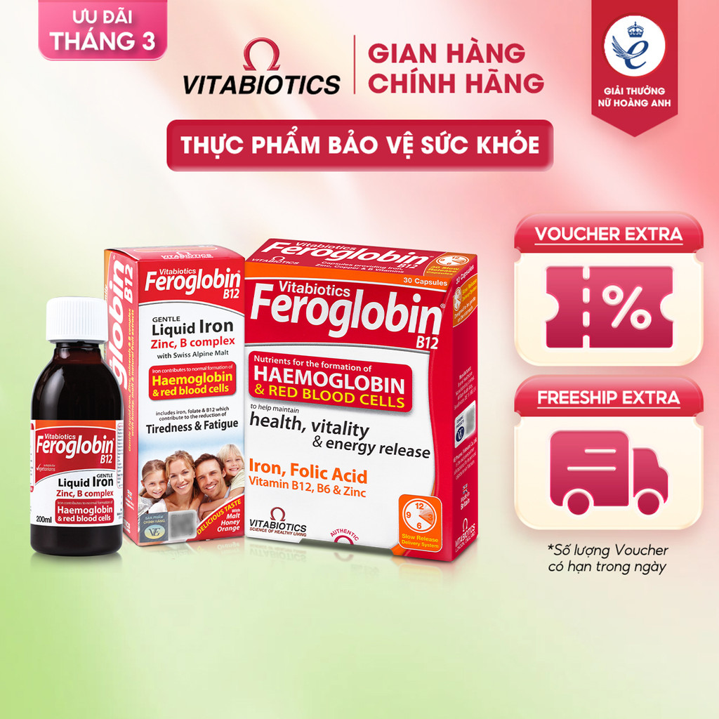 Bộ TPBVSK Feroglobin B12 Capsules & Feroglobin B12 Liquid - Hỗ Trợ Tăng Khả Năng Tạo Máu Vitabiotics
