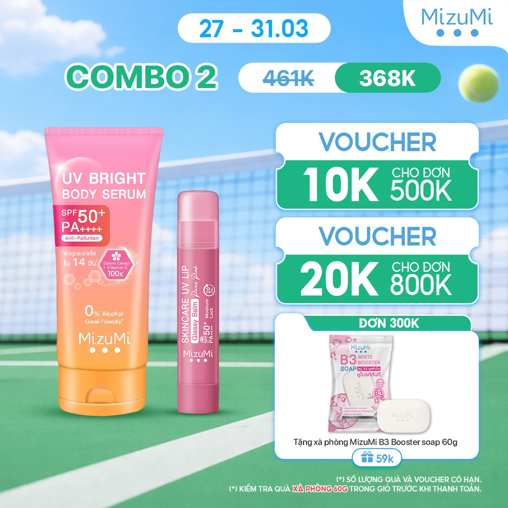 [NEW] Combo Kem chống nắng UV Body Serum và Son Dưỡng Môi MizuMi UV Lip Glassy Balm 3.5g
