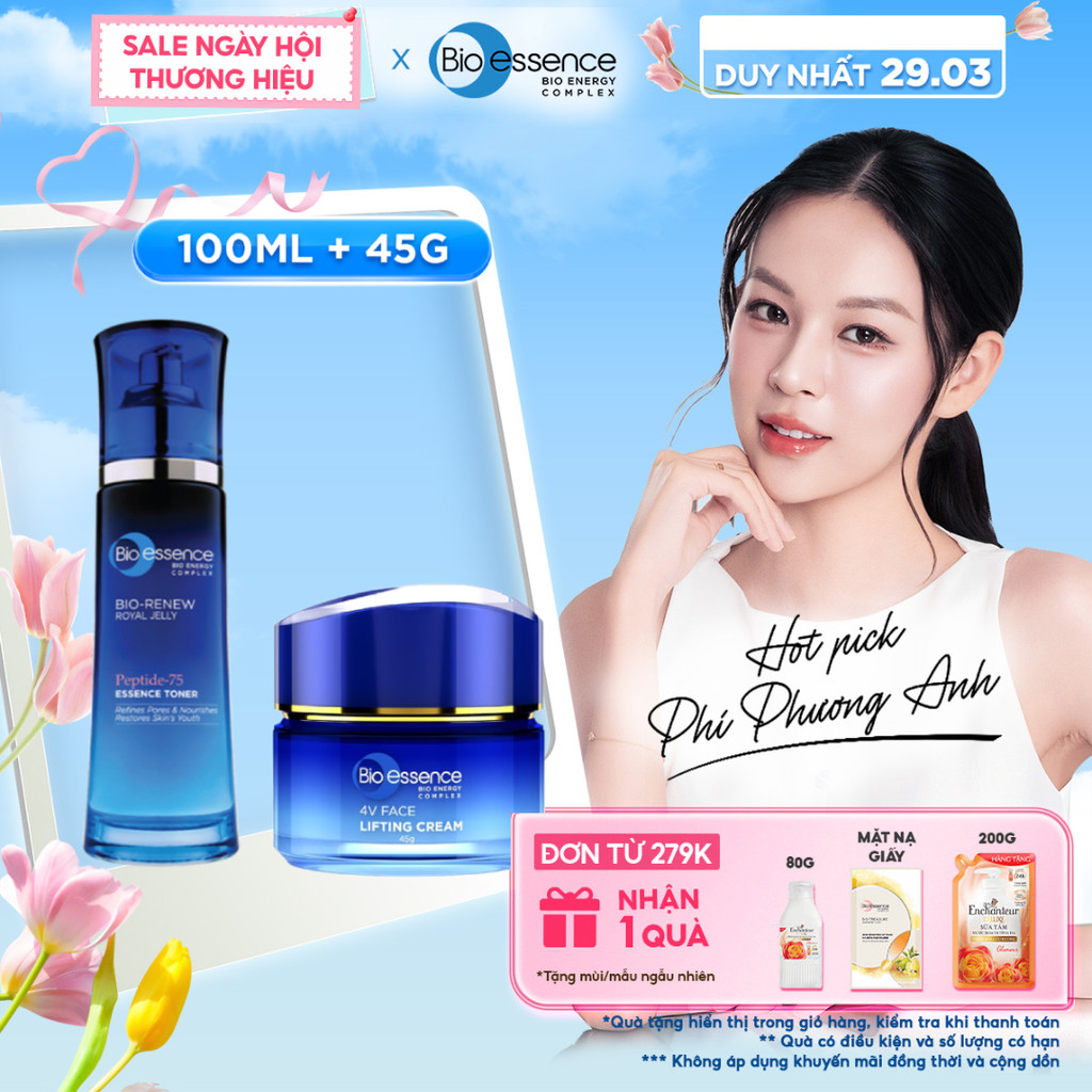 Combo Kem nâng cơ mặt & dưỡng trắng Bio-Essence Bio-Vlift Brightening 45g và Nước cân bằng Bio-Essen