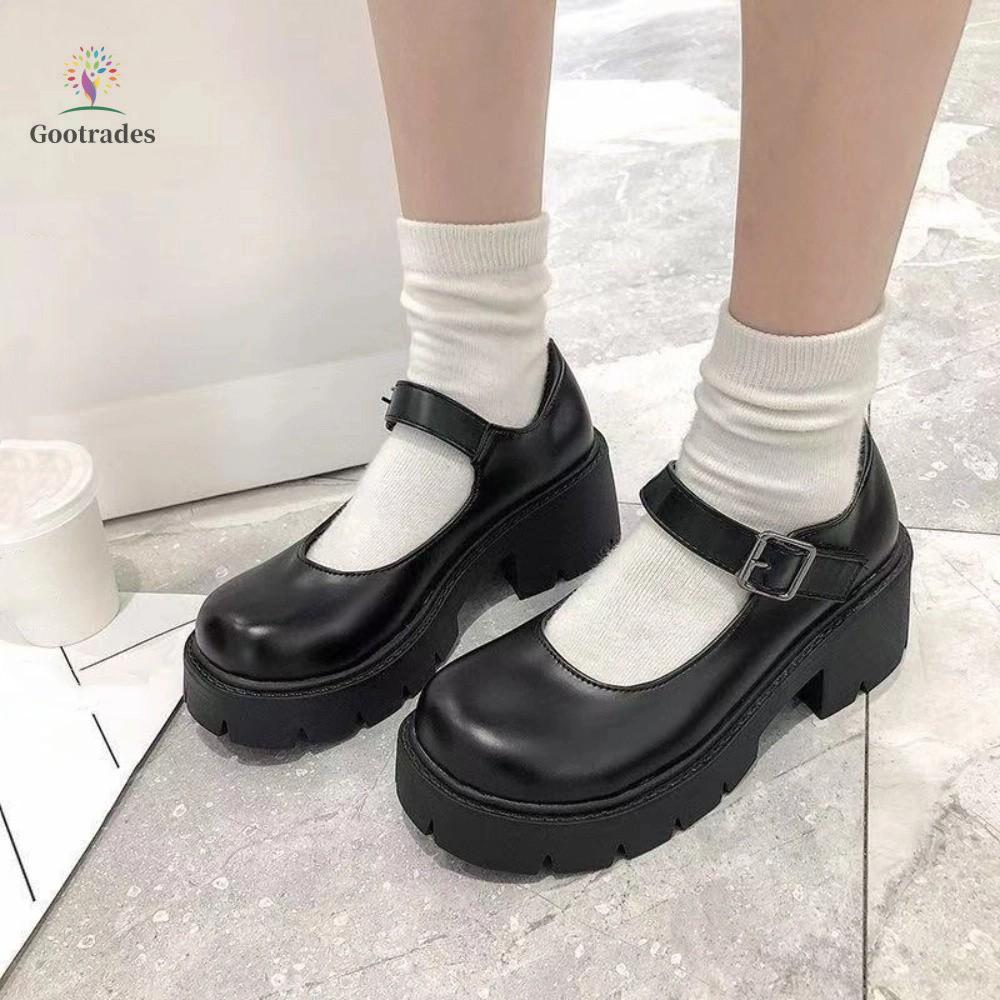 Gootrades Giày đơn thông thường GOOTARDES, Giày da PU đến mắt cá chân lolita JK, Giày cao gót đế bệt