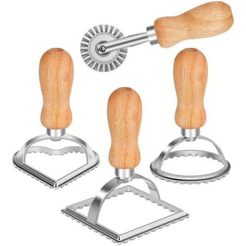 Máy cắt tem TACGEA Ravioli có bánh xe lăn (Bộ 4), Tay cầm bằng gỗ và cạnh rãnh, cho Ravioli, Pasta, 