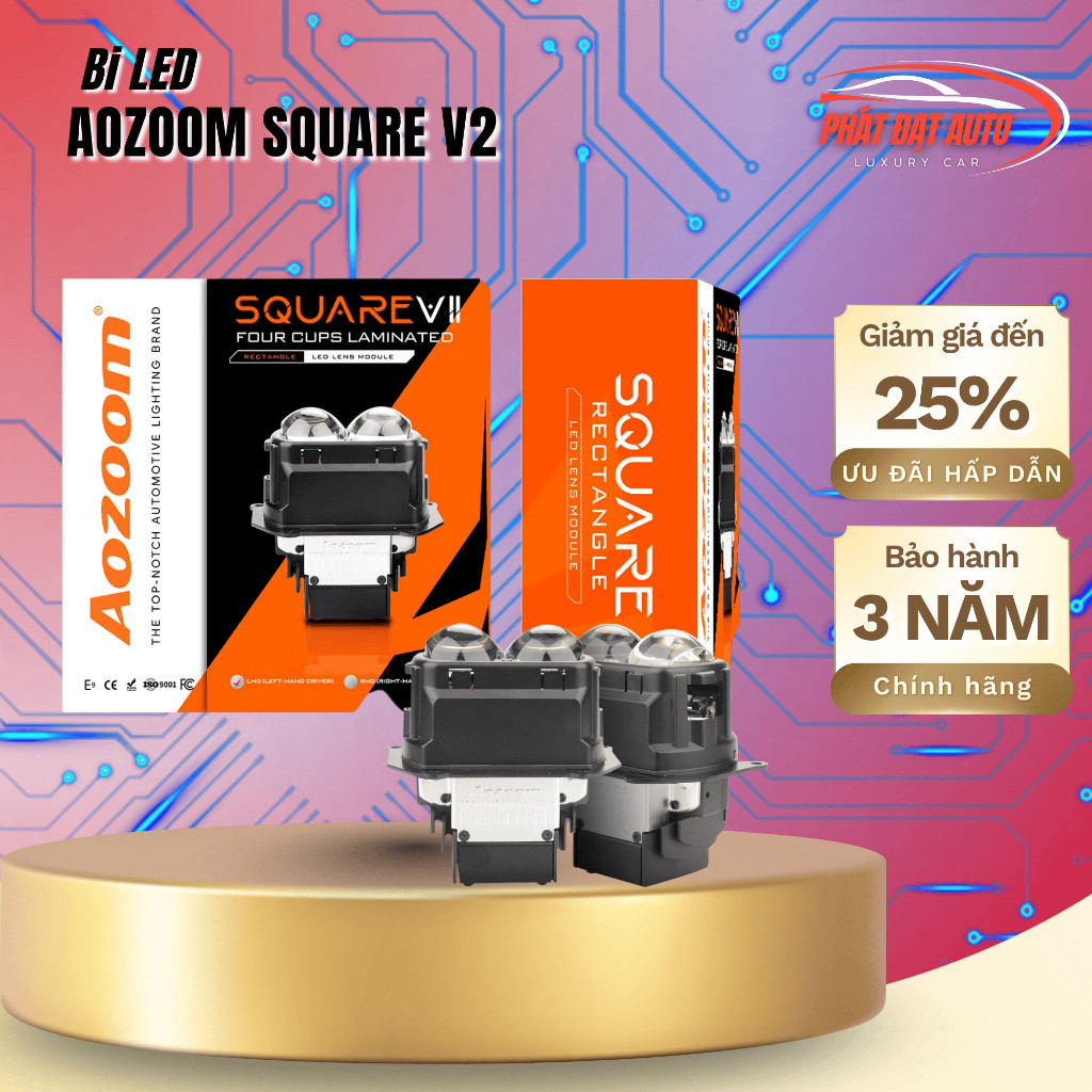 Bi Led Ô Tô Aozoom Square V2, công suất 58W/65W, chip led 9 nhân mạnh mẽ, bảo hành 3 năm chính hãng