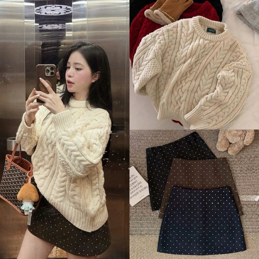 Chân váy nữ chữ A chất dạ ép chấm bi có lót quần-Cv Nữ Mini Skirts dáng chữ A Basic-Cv Dạ Chấm Bi.