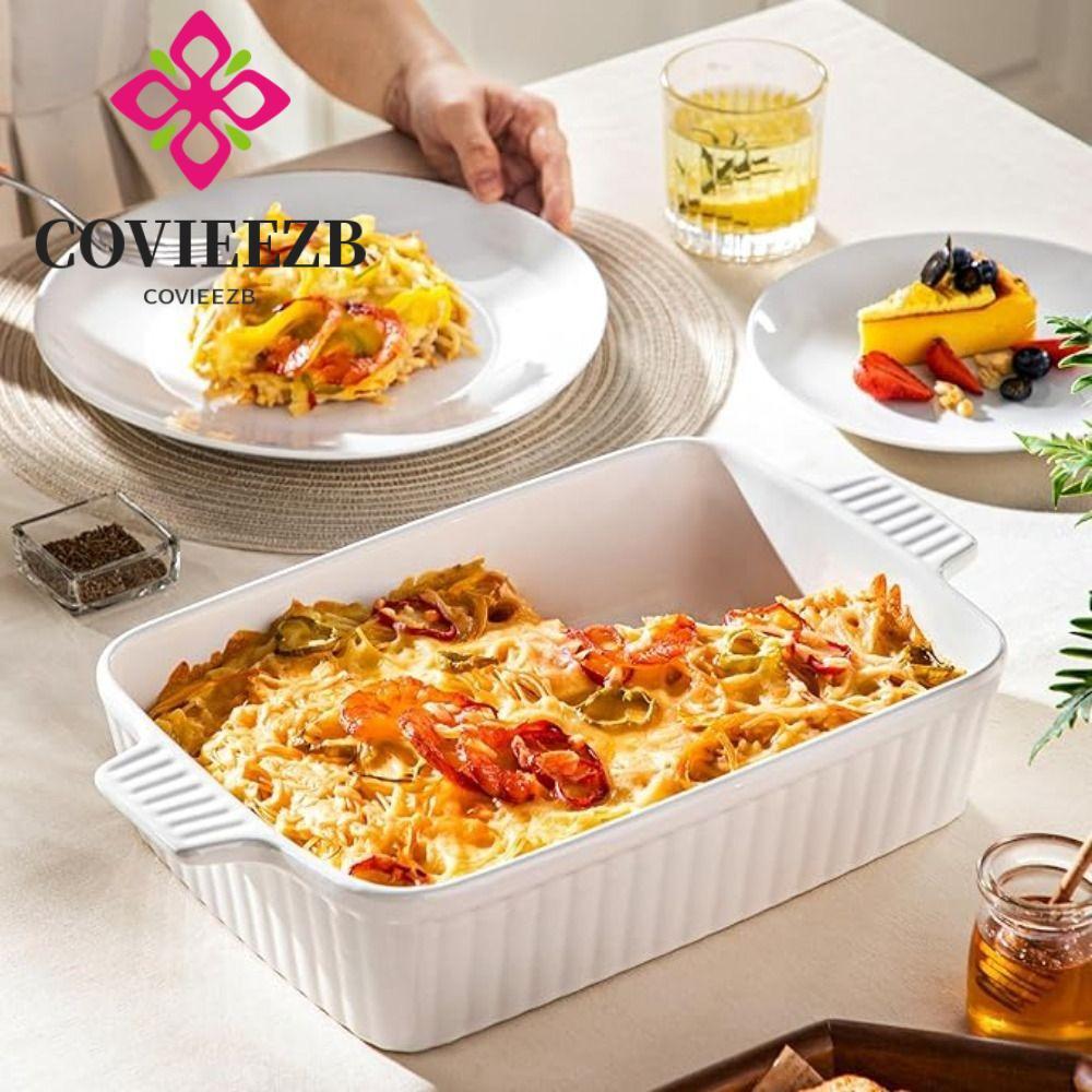 Khay nướng gốm COVIEEZB, Đĩa nướng bánh sâu hình chữ nhật, Dụng cụ nấu ăn có tay cầm họa tiết sọc La