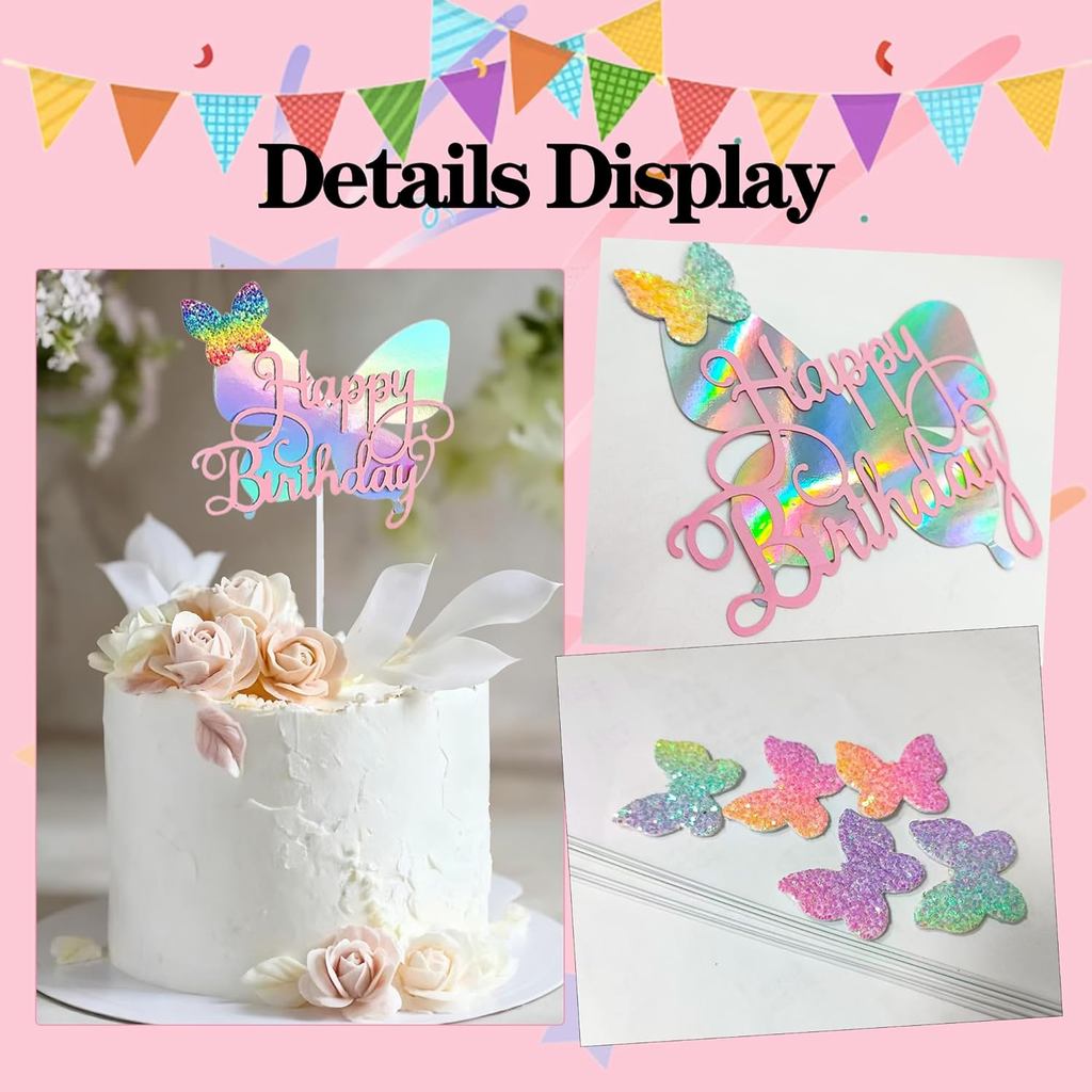 Shiny Glitter Gradient Butterfly Cake Topper Set Holographic Happy Birthday Acrylic Cake Sign Pastel