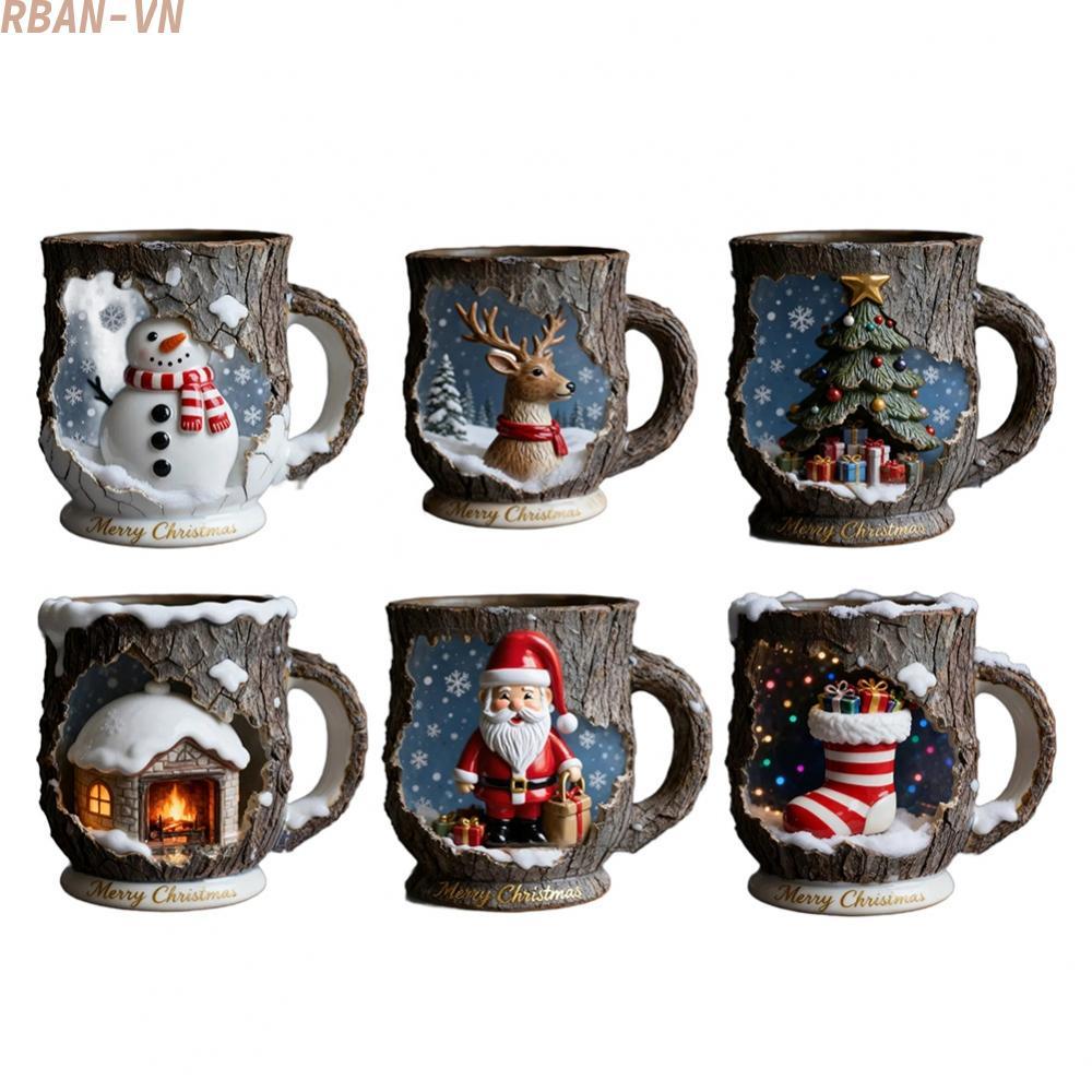 Unique For Holiday Mugs Collection Tree Trunk Shape with Christmas Scene Cutouts