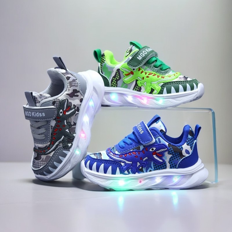 Cool Boy-Years Old LED Light Shoes Giày dạ quang Bề mặt da Tyrannosaurus Giày thể thao thông thường 