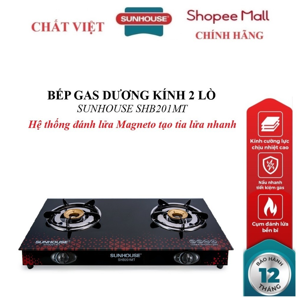 Bếp gas dương kính SUNHOUSE SHB201MT, Hệ thống đánh lửa Magneto tạo tia lửa nhanh, Kiềng bếp độc lập