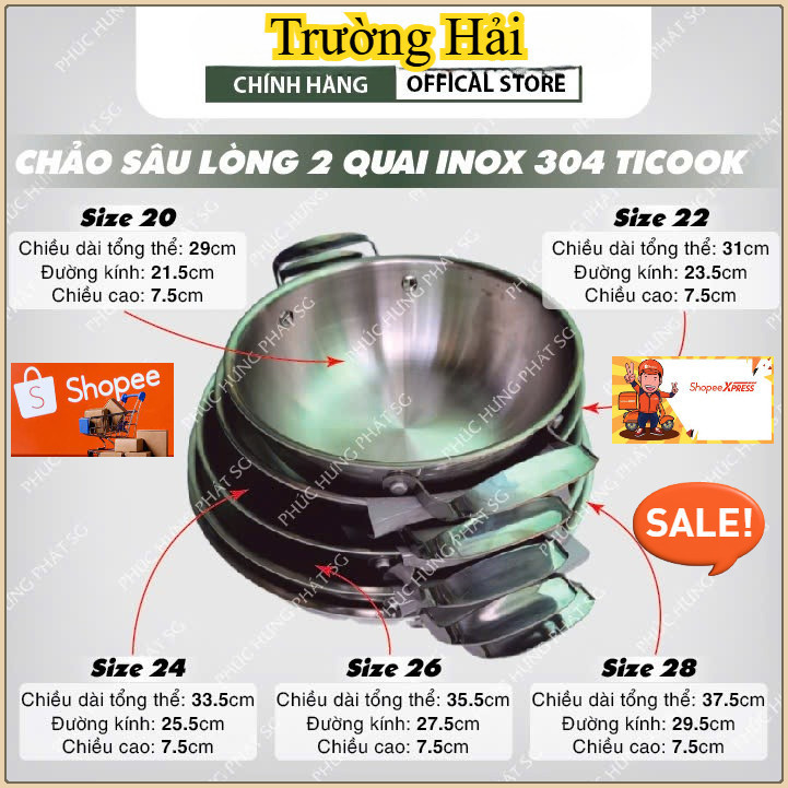 Chảo Sâu Lòng Inox 304 Ba Lớp Đáy Từ Ticook, Chảo 2 Quai Siêu Bền An Toàn Sức Khỏe, 20-22-24cm