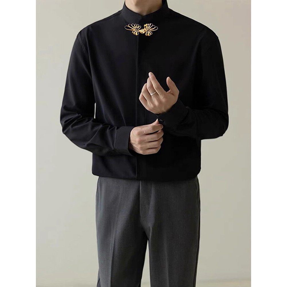 áo sơ mi áo sơ mi nam Áo sơ mi đen cổ đứng kiểu mới kiểu Trung Quốc áo sơ mi phong cách Trung Quốc p