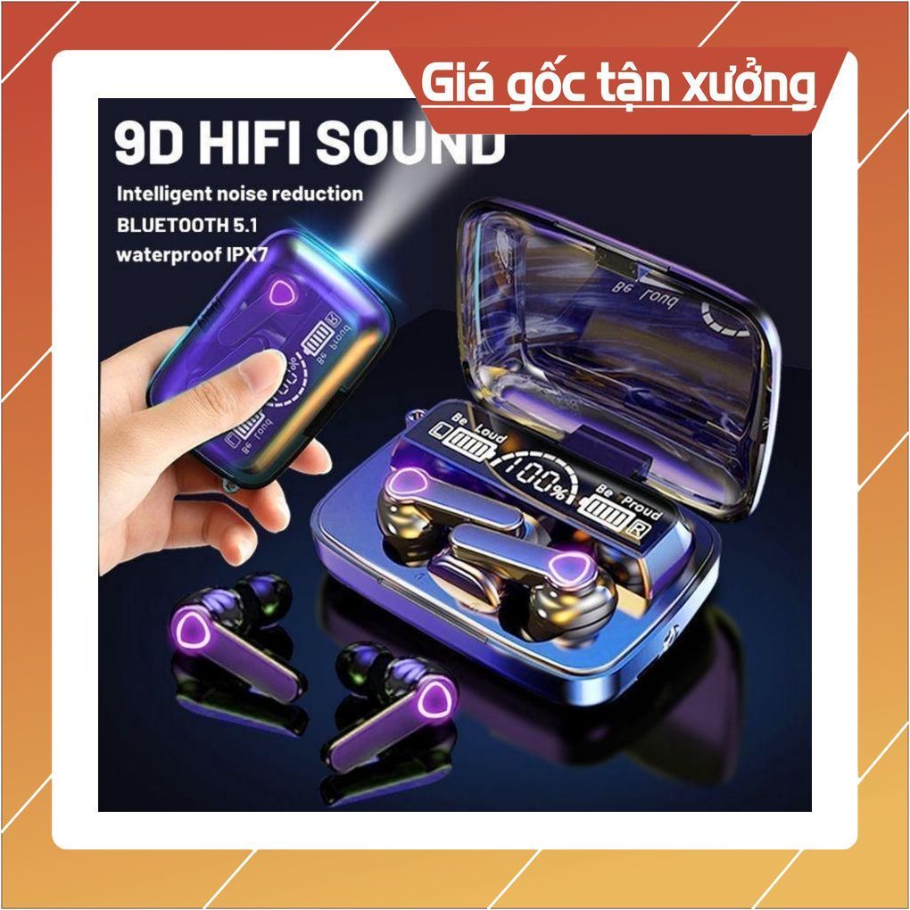 Tai nghe Bluetooth M19 TWS, tai nghe với âm thanh HiFi 9D, màn hình LED, mic, pin dự phòng và đèn pin tiện lợi.