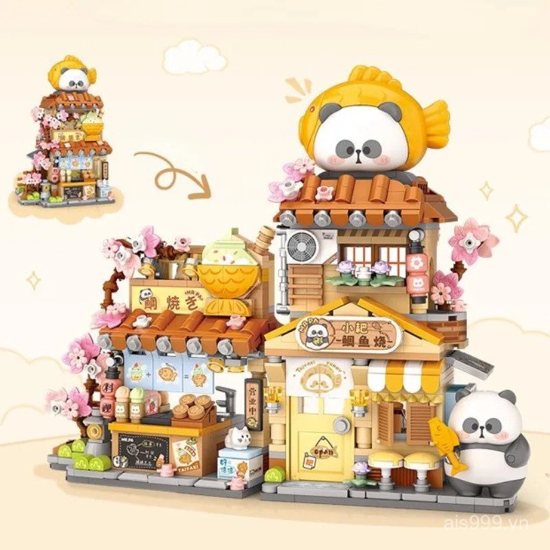 VBHC Loz Taiyaki Street View Shop Miniature Building Blocks Panda Bricks Toy Assembly Flower Worksho
