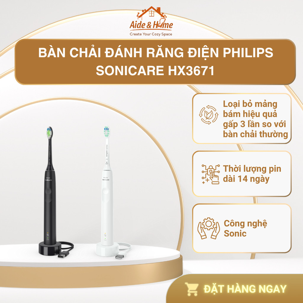 Bàn chải đánh răng điện Philips Sonicare HX3671/23 Trắng | HX3671/54 Đen, hiệu quả gấp 3 lần