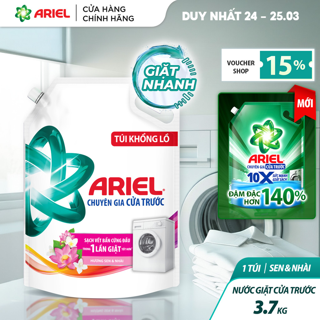 Nước Giặt Cửa Trước ARIEL Hương Sen & Nhài 3.7KG/ Nước giặt 10X giặt sạch túi 3.7KG