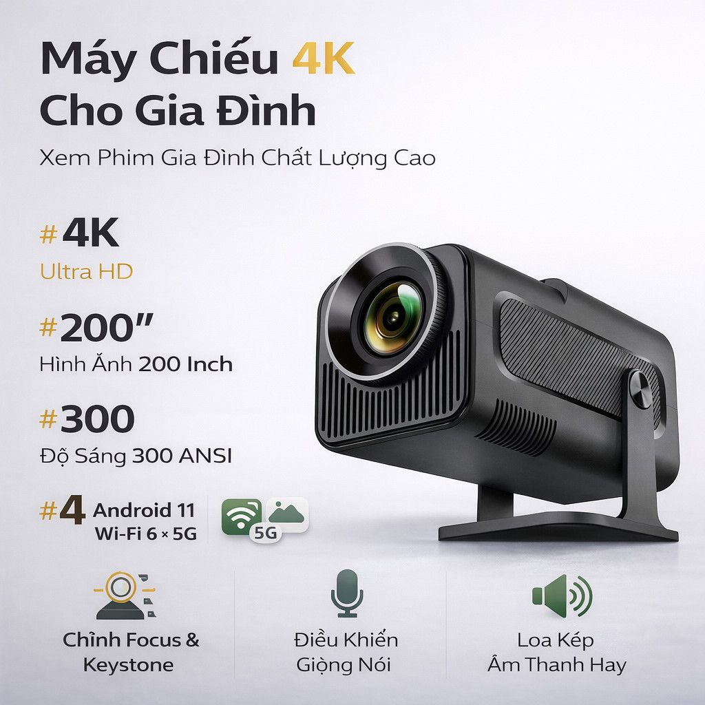 Máy Chiếu 4K Mini Projector, Máy Chiếu Wifi, Máy Chiếu Gia Đình, Projector HD, Máy Chiếu Mini, Kết N