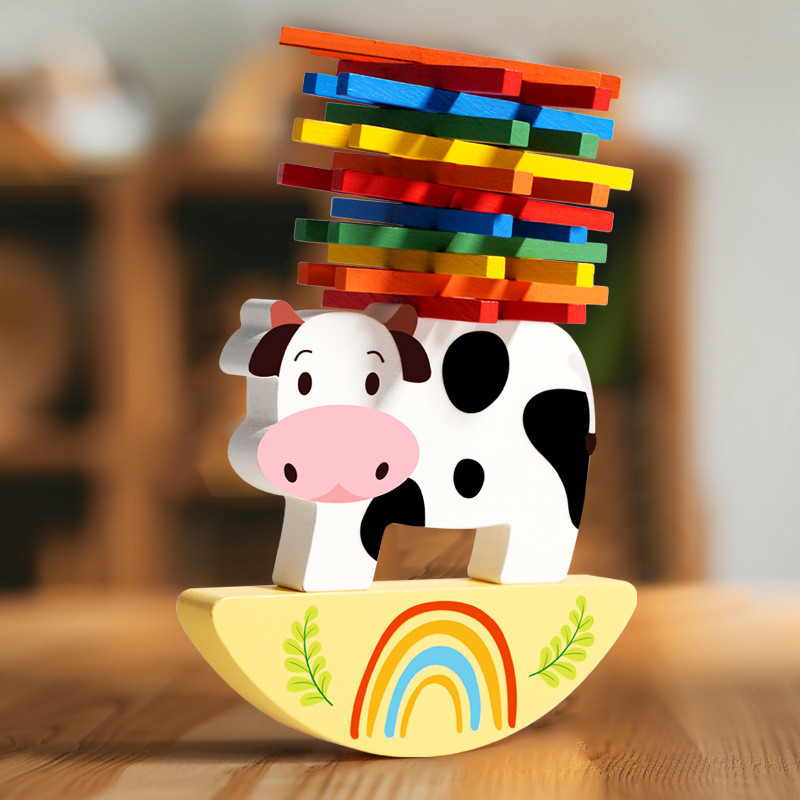 Spot Goods#Wooden Animal Balance Stacking Fun Cow Blocks Fine Motor Skills Training Game Educational