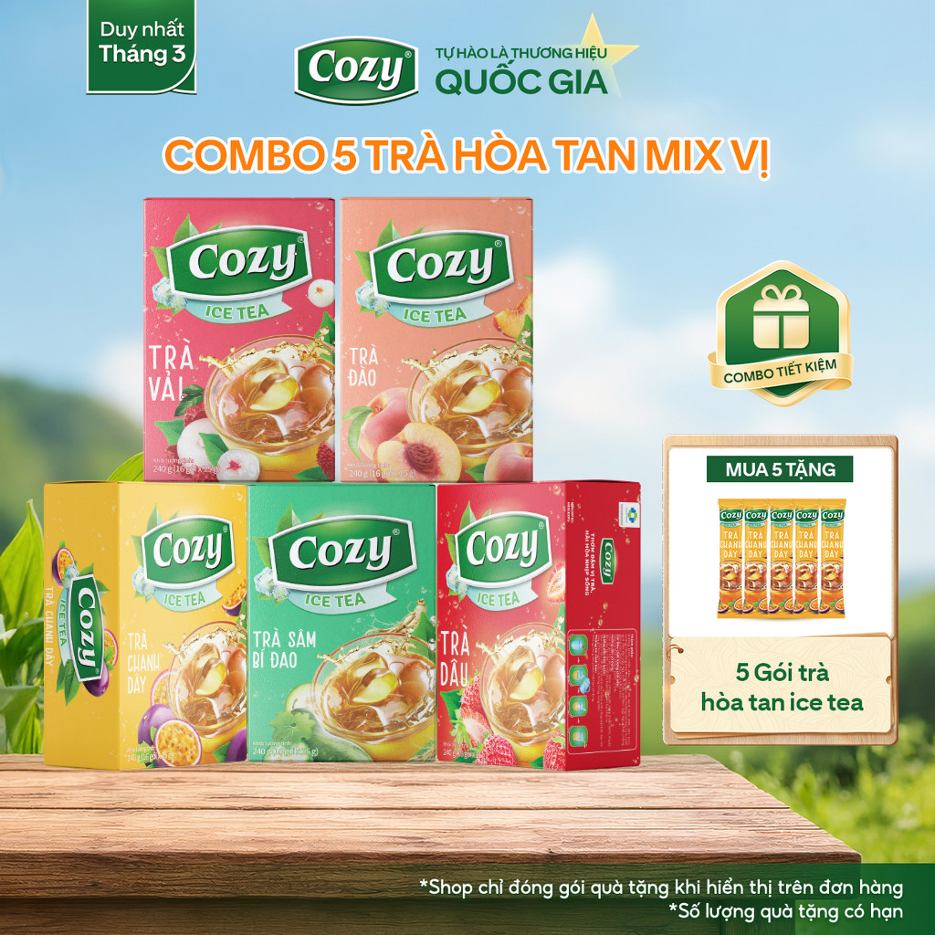 [COMBO 5] Trà Cozy Hoà Tan Ice Tea (5 hộp x 16 gói) Gồm Đào, Dâu, Vải, Chanh Dây,Chanh,Sâm Bí Đao Gi