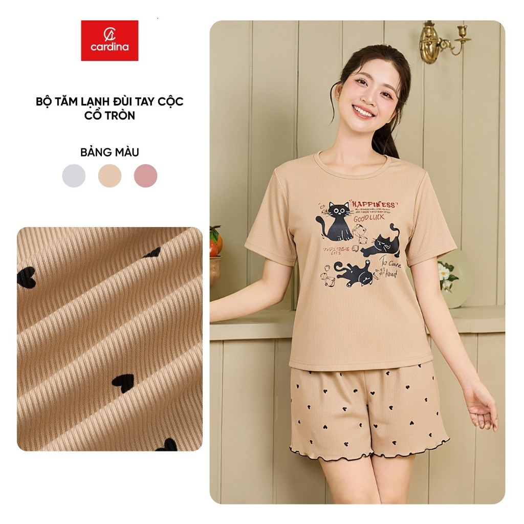 Bộ đồ mặc nhà nữ CARDINA bộ đùi tay cộc cổ tròn in họa tiết trẻ trung 6BFN04