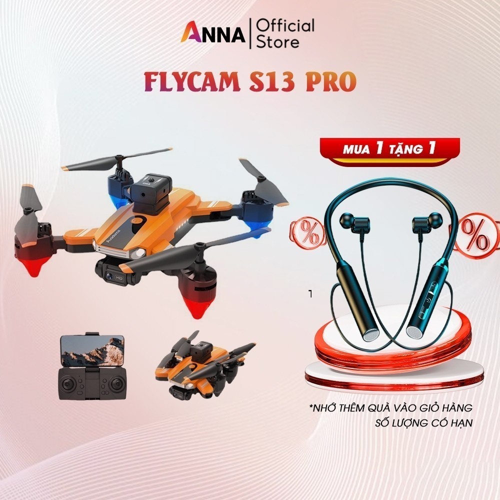 Flycam máy bay điều khiển từ xa Cao Cấp, Flycam mini S13 pro động cơ chổi than, dung lượng pin 1800m