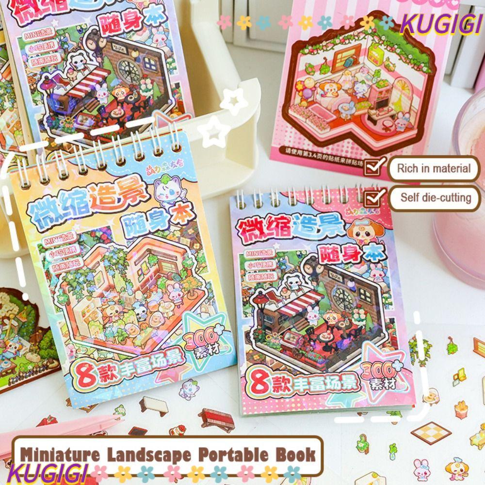 Sách nhãn dán phong cảnh Mini KUGI, Nhà thu nhỏ PET Cabin Scene Pocket Sticker, Phim hoạt hình sáng 