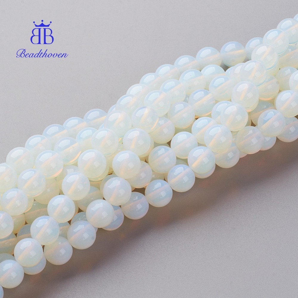 Dây chuyền opалite 16 inch với hạt đá opалite tròn 8 mm, lỗ 1mm - 49 viên/sợi