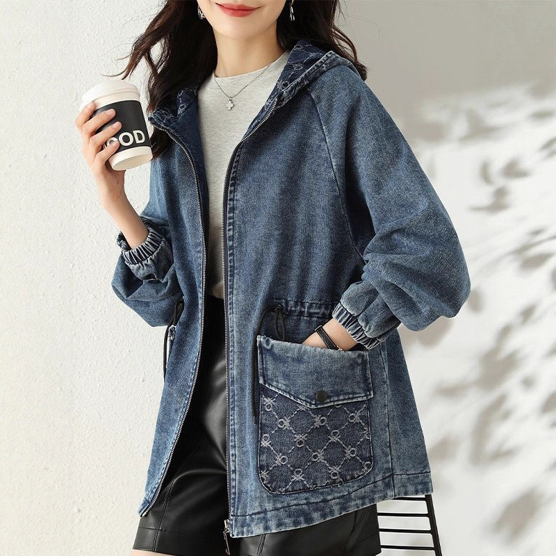 ZH [Còn hàng] Áo khoác denim dáng ôm có mũ cho nữ, kiểu dáng Hàn Quốc mới 2026, áo khoác denim dáng 