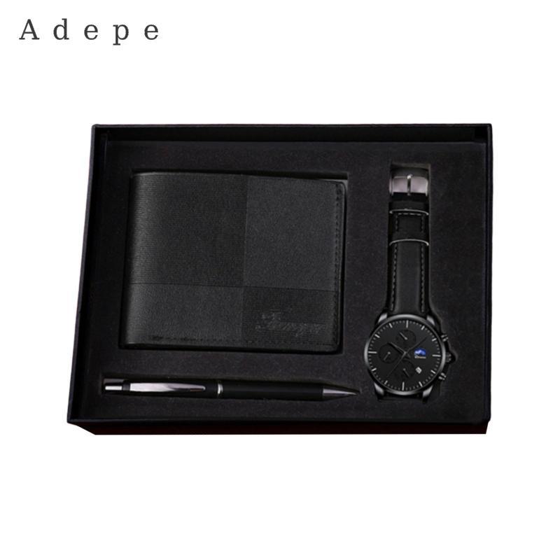 Bộ quà tặng nam gồm đồng hồ, ví và bút da PU kim loại, hộp đựng sang trọng - Perfect cho lễ Father's