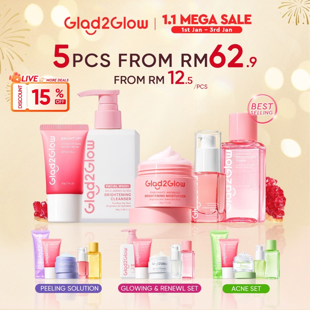 5 CÁI Glad2Glow Bộ chăm sóc da Kem dưỡng ẩm, Kem chống nắng, Sữa rửa mặt, Serum, Mực làm sáng da | R