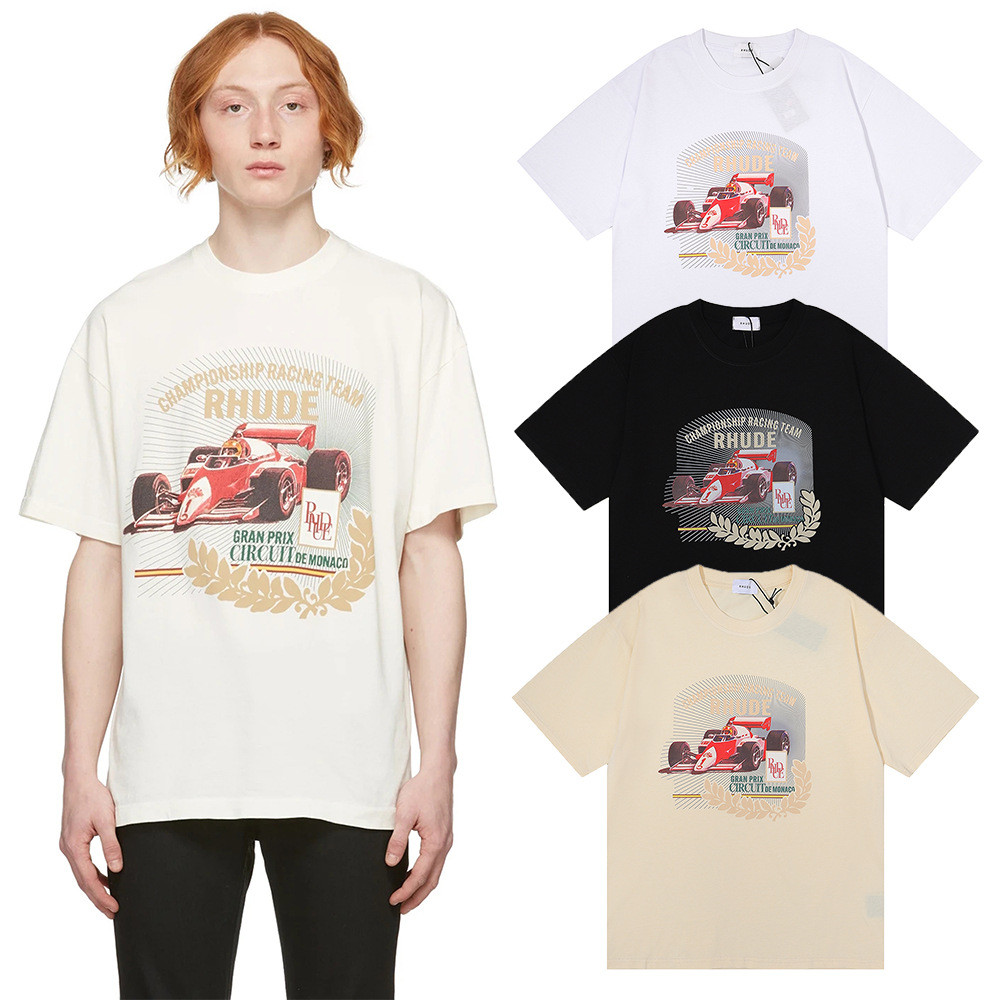 UK1H Rhude Micro-label Letters F1Racing Print Men T Breathable Quick-Dry Pure Cotton Shirt T Shirt