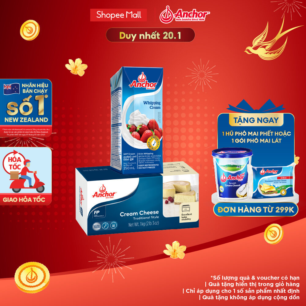 [HỎA TỐC NỘI THÀNH HCM & HN] Combo làm Bánh phô mai - Kem phô mai Anchor 1kg + Whipping Cream Anchor