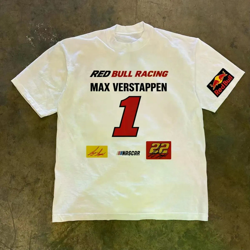 RED BULL retro heavyweight white short-sleeved T-shirt, F1 racing suit, number 1 Verstappen, go-kart