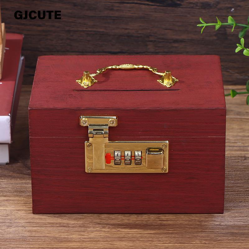 GJCUTE Hộp Gỗ Mật Khẩu Lo Tiết Kiệm Tiền Đồng Xu Hộp Heo Đất Tổ Chức Với Lo Hộp Kho Báu Cho Thẻ Đô L