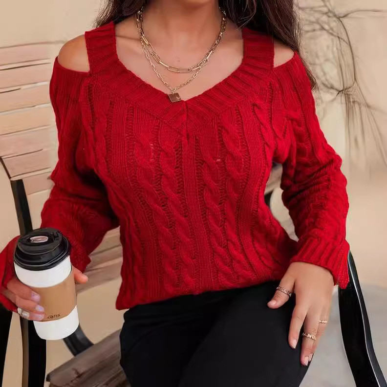 off-shoulder sweater sweater Retro Twist Off-the-Shoulder Áo thun cổ chữ V Loose All-Match Tempera