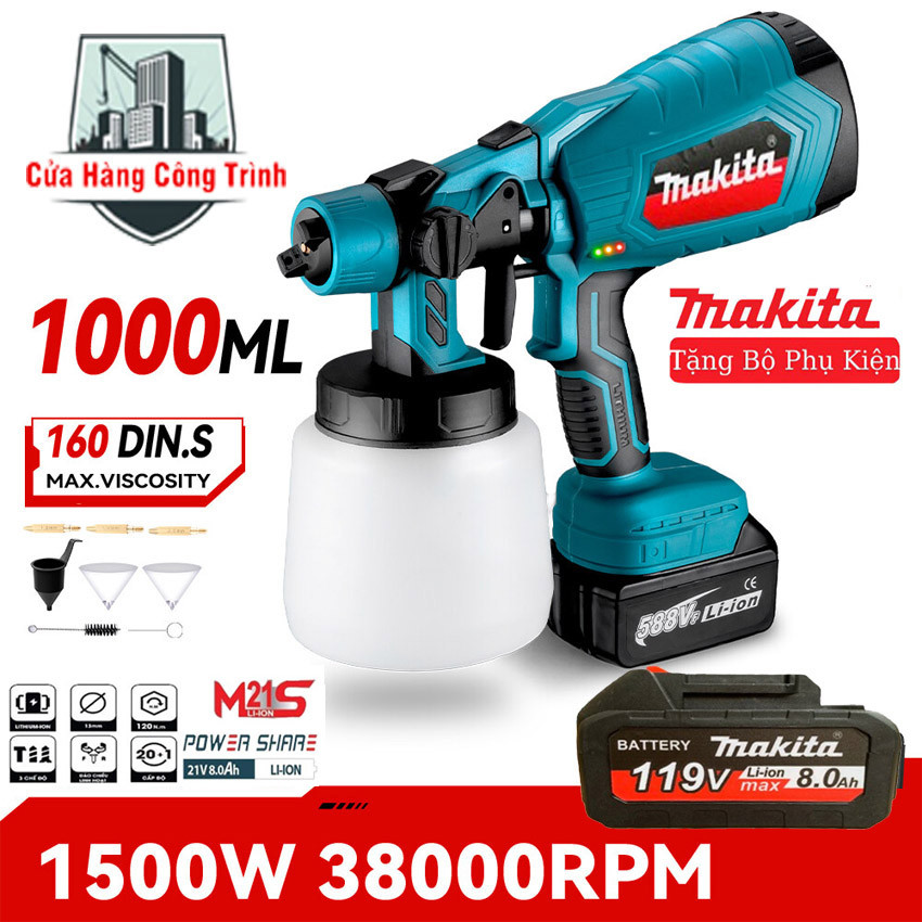 Máy phun sơn dùng pin,máy phun sơn pin makita dung tích 1000ml chân pin 4cm