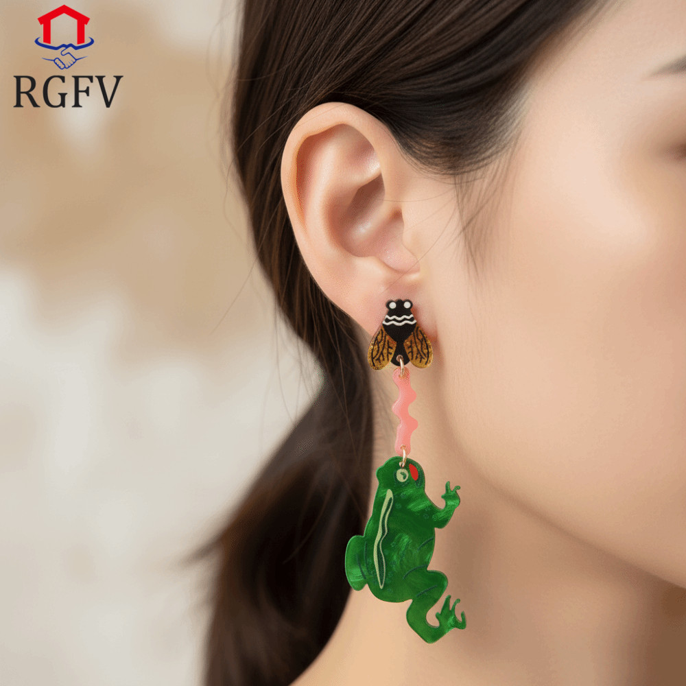 RGFV Earings - Crochet Frog Acrylic Earings with Insect Theme, Fun and Eye-Catching Design