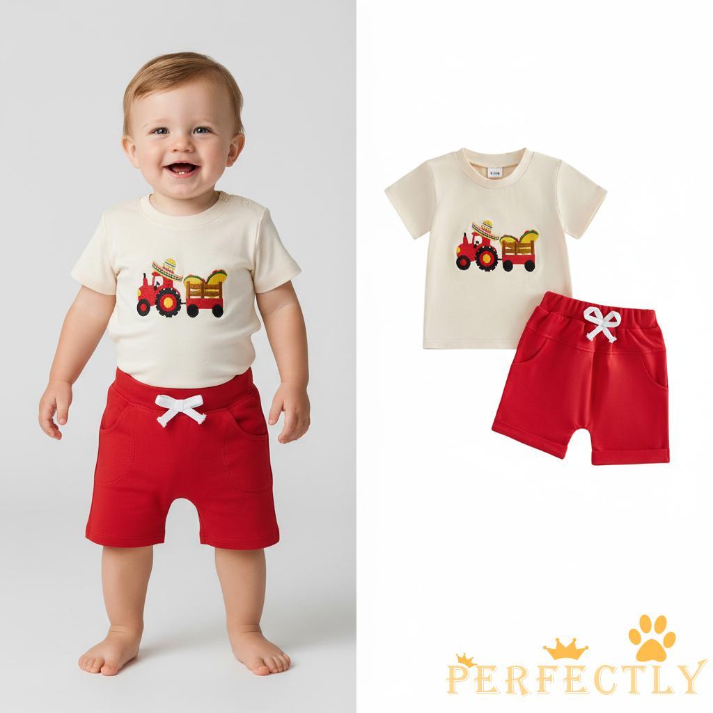 Hoàn Hảo-Toddler Bé Trai Cinco de Mayo Bộ Trang Phục Máy Kéo Thêu Cổ Tròn Áo Thun Tay Ngắn Co Giãn E