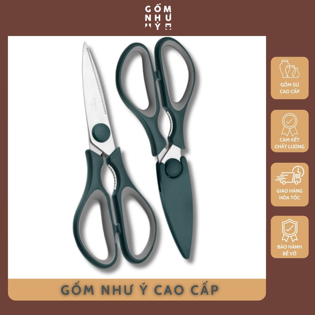 Kéo bếp đa năng chất liệu thép 2CR13 tay cầm bọc cao su vỏ nhựa PP dùng cắt rau củ quả thịt cá,...