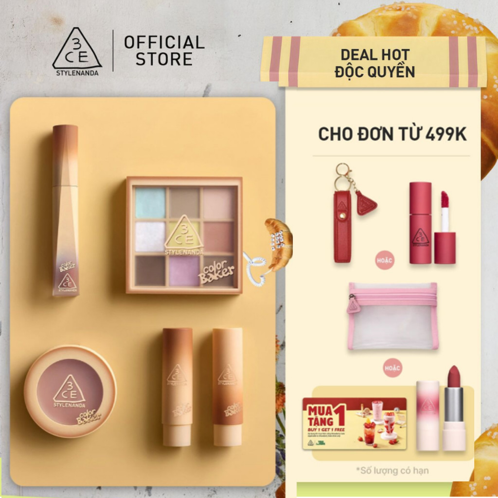 3CE BST COLOR BAKER - SON GLAZY LIP GLOW, SON VELVET PLUSH, MÁ HỒNG FACE BLUSH, BẢNG MẮT MULTI EYE 9 COLORS PALETTE
