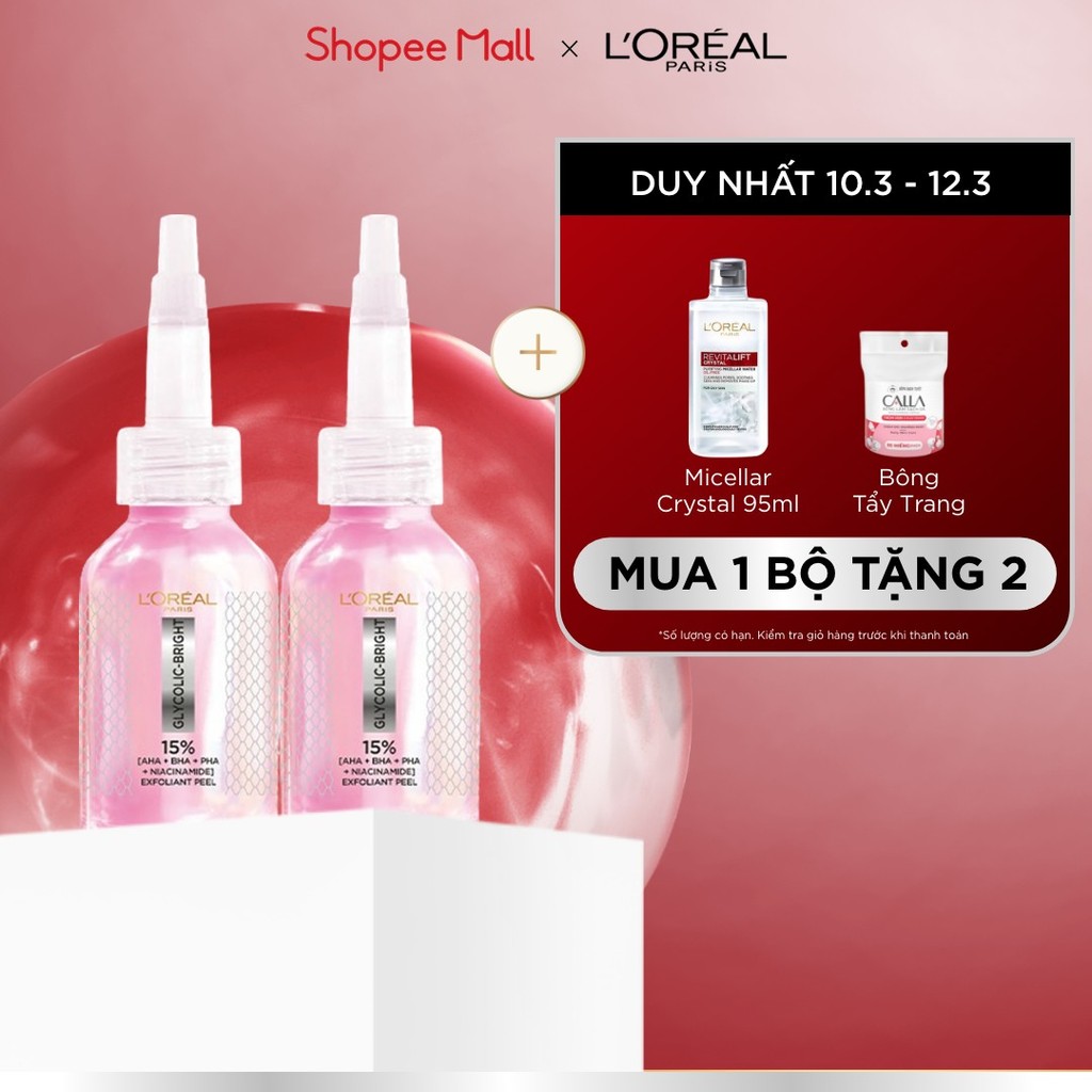 Bộ đôi dưỡng chất peel sáng da làm sạch tế bào da chết L'Oréal Paris Glycolic-Bright Anti-Dark Spot Exfoliant Peel 25ml