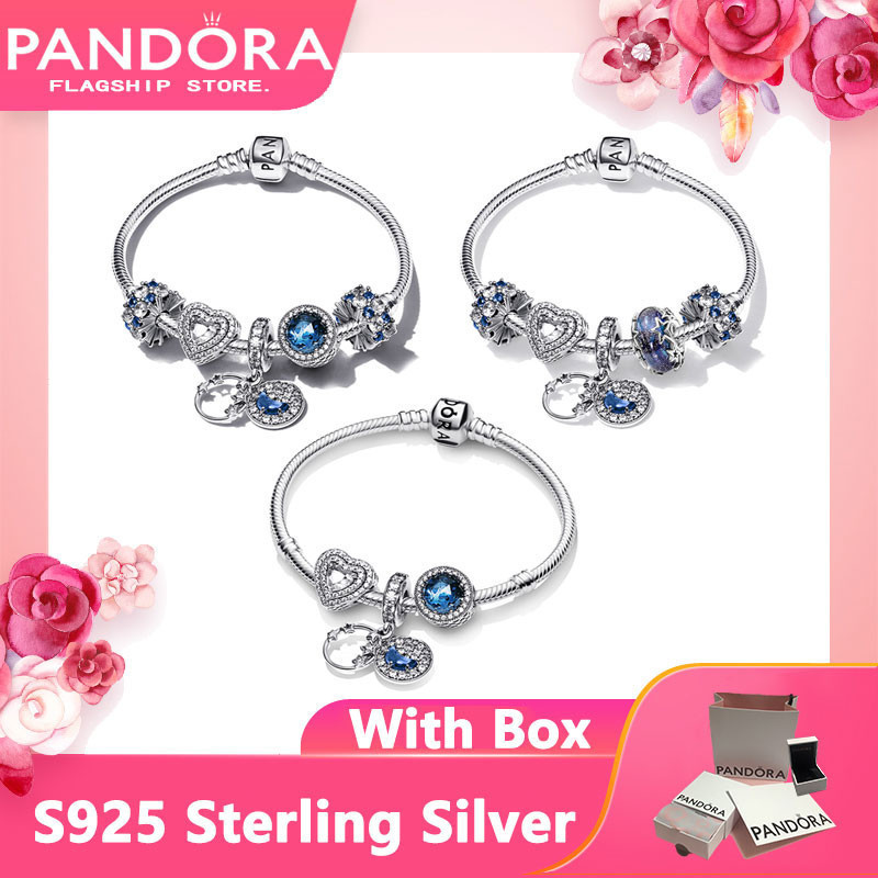 Bộ vòng tay Pandora chính hãng bằng bạc 925 dành cho nữ, thiết kế galaxy màu xanh lấp lánh, kèm theo