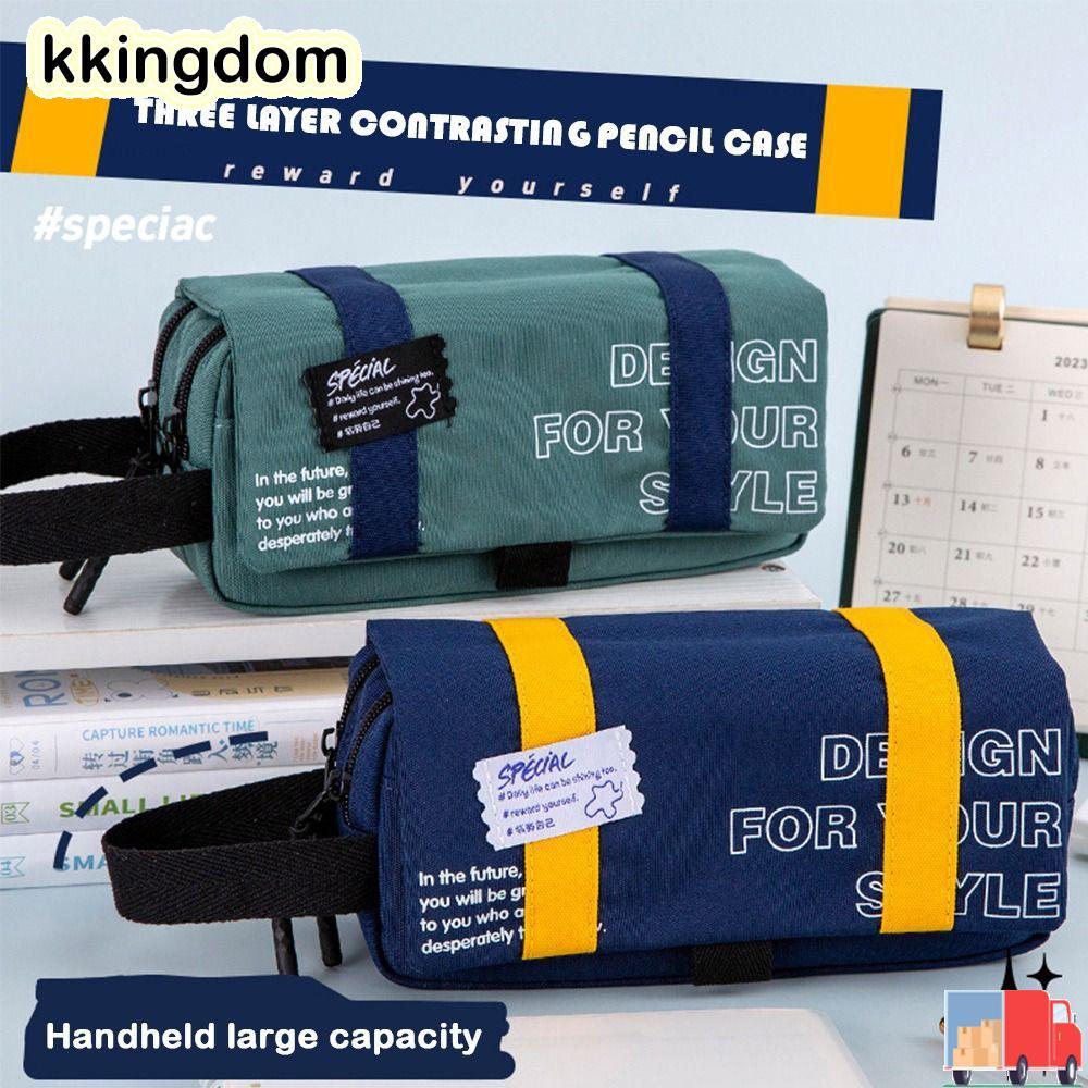 Bút Chì KKINGDOM, Túi Đựng Bút Di Động In Chữ, Bút Dung Tích Lớn Chống Bụi Bẩn 3 Lớp Bền Đẹp Học Sin