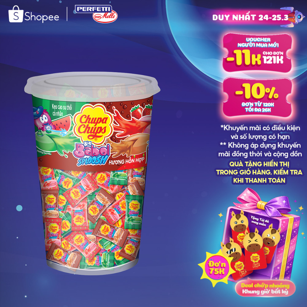 Kẹo cao su gum thổi có nhân Chupa Chups Big Babol Sploosh (Hũ 74 viên) hương dưa hấu, dâu, cola