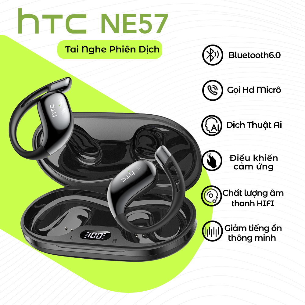 HTC NE57 Tai nghe phiên dịch  AI dịch thuật đồng thời 134 ngôn ngữ  Bluetooth 6.0  Âm thanh nổi HiFi  Thiết kế thời trang Tai nghe không dây