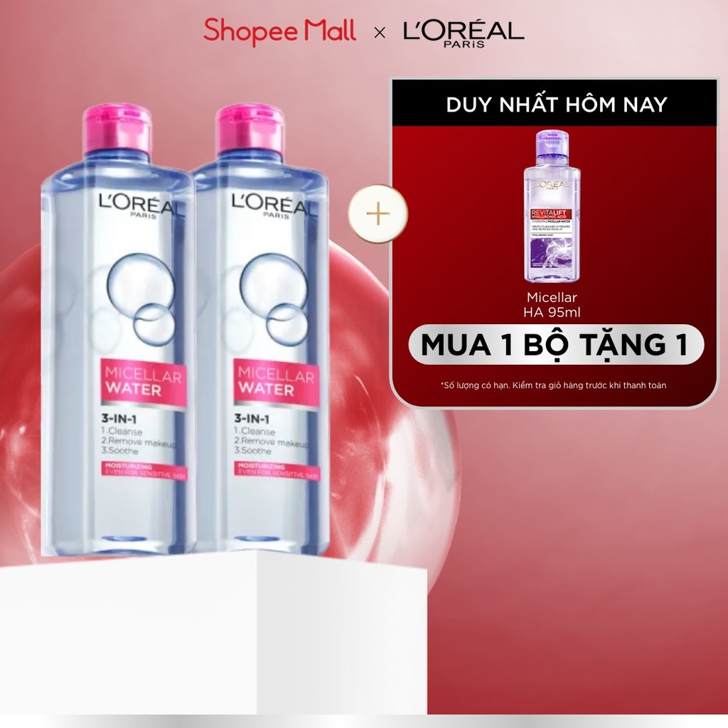 Bộ 2 nước tẩy trang dưỡng ẩm mượt da 3in1 L'Oreal Paris Micellar Water 400ml