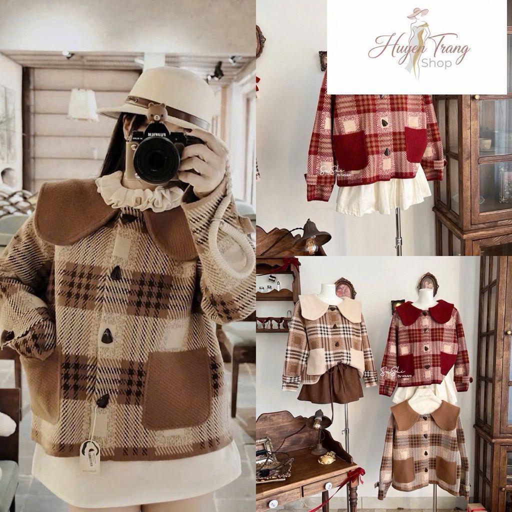 (Hàng QCCC)Áo khoác len ép kẻ khuy nấm phối màu Hàng QC Áo khoác ngoài mùa đông Jacket Nữ Bản QC Loạ