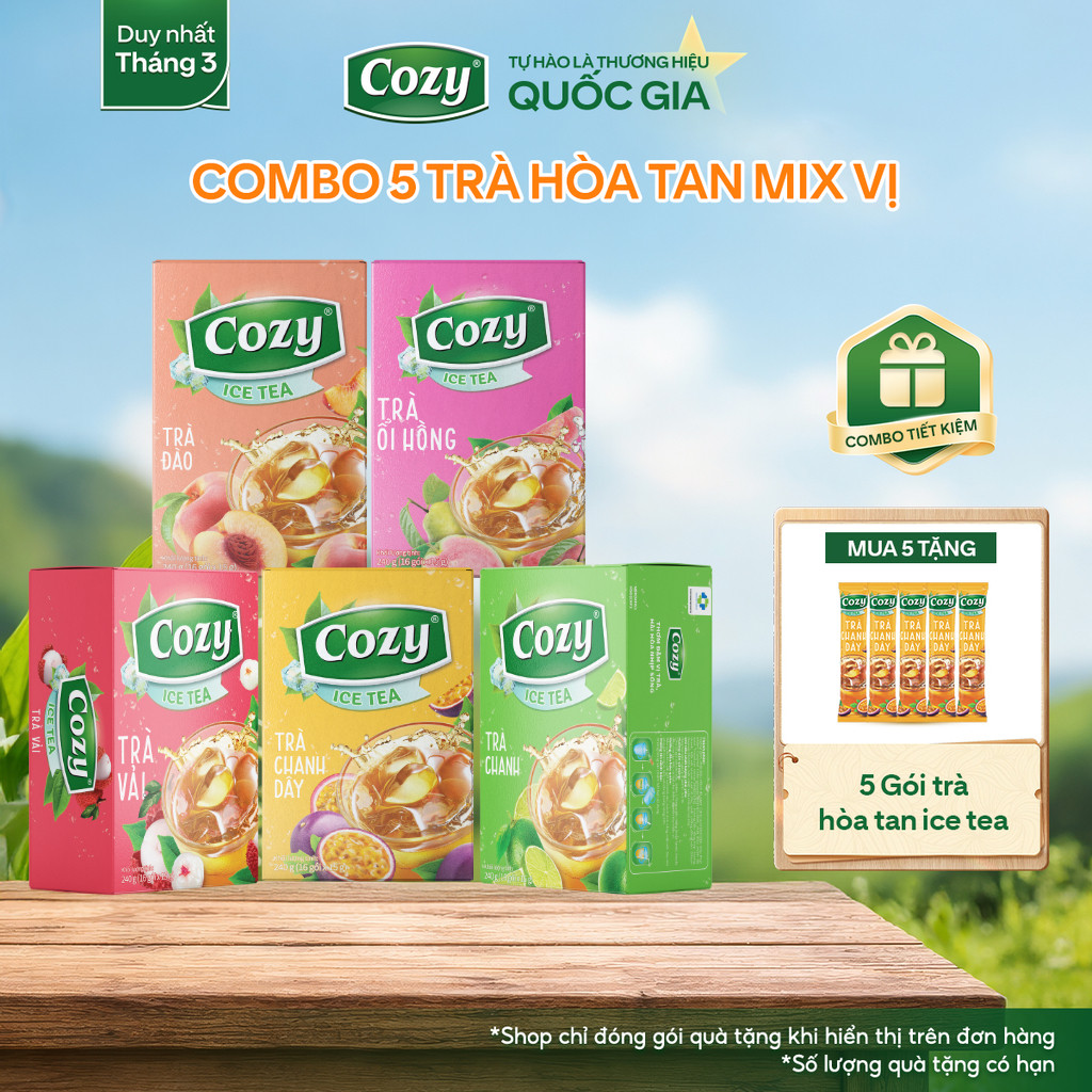 [COMBO 5] Hộp Trà Cozy Hòa Tan (5 hộp x 16gói) Vị Trà Đào, Trà Vải, Ổi Hồng, Chanh Dây, Trà Chanh Gi
