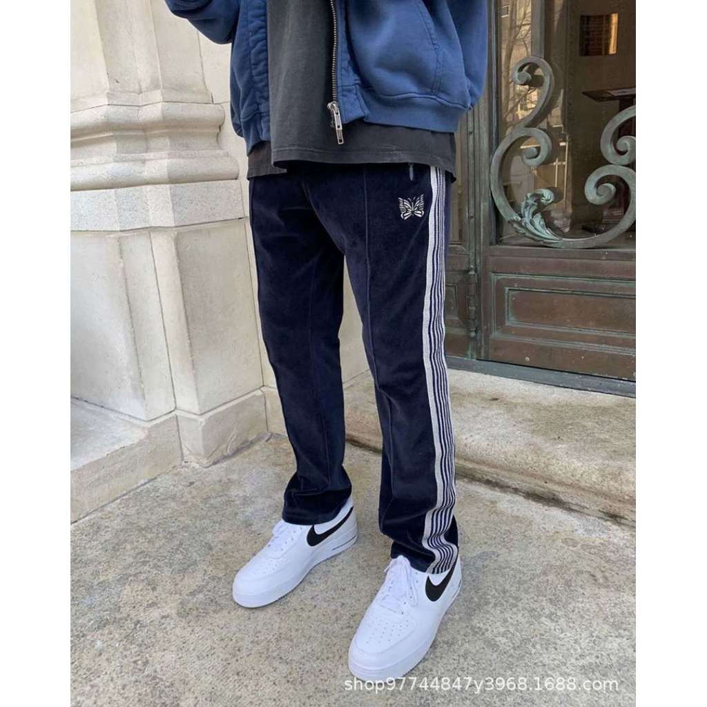 3WO6 Needles Blue velvet embroidered pants, versatile for autumn and winter, with simple ribbed desi