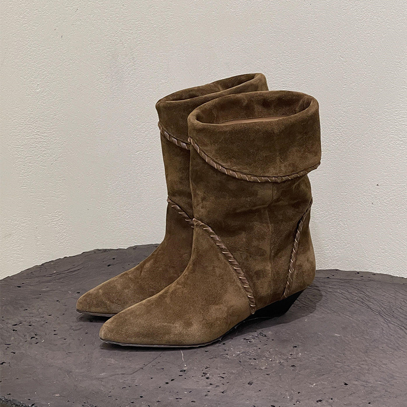 Cowhide Version~Genuine Leather Vintage Pointed Toe Chunky Heel Ankle Boots for Women, Wedge Heel Mi